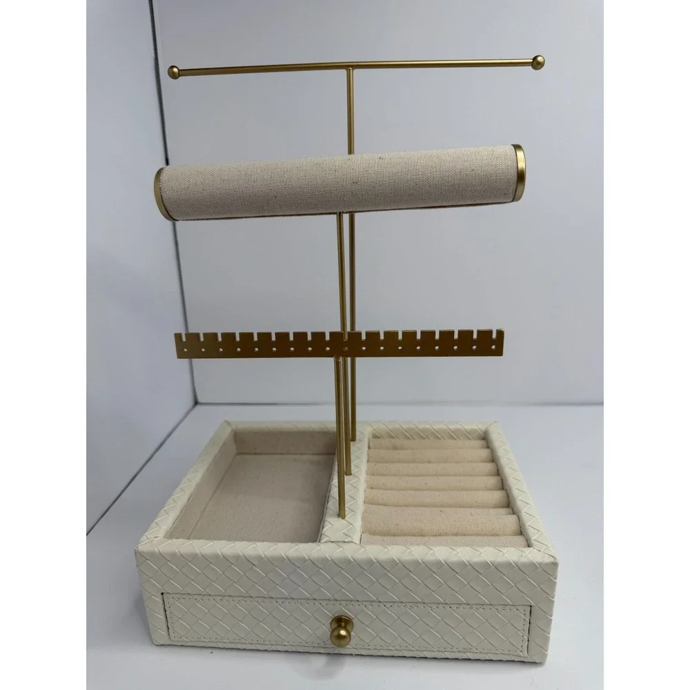 Rachel Zoe Jewelry Organizer Stand Women OS Ivory Gold Woven Drawer Multi-Level